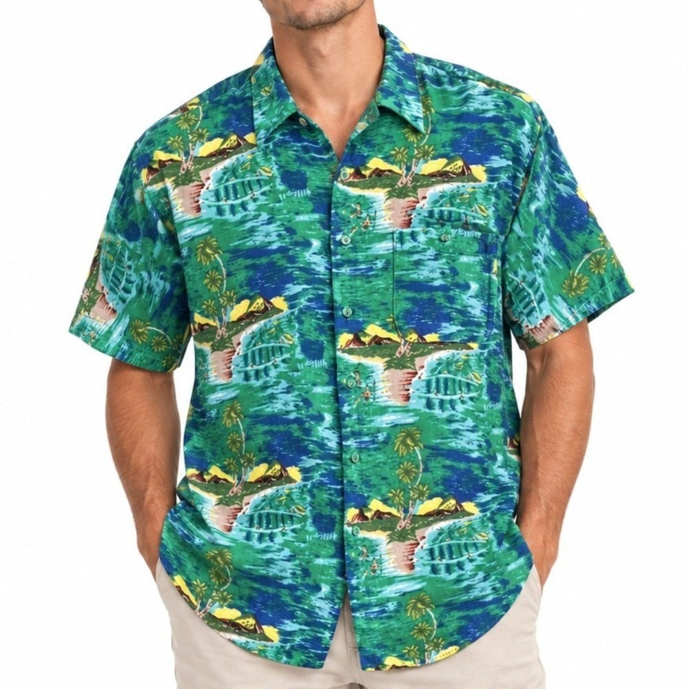 UNTIED Shirt Mens M Green Tropical Rayon Button Down Aloha Beach 3173 9/26